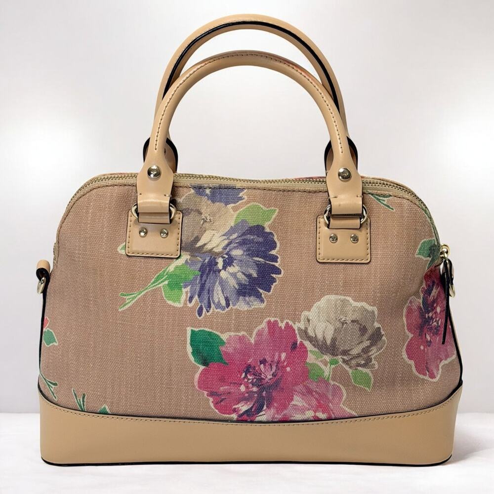 Kate Spade Maise Floral Satchel Crossbody RoseBeige Linen Jute Leather Trim NWOT - Picture 2 of 11